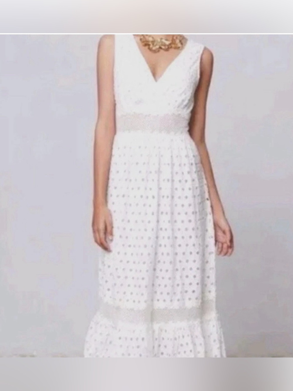 Anthropologie Liefnotes White Eyelet Maxi Dress Sz 10 Tiered Embroidered Bridal